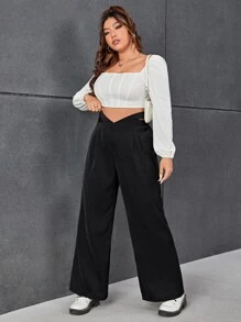 SHEIN EZwear Quần Plus Size Cắt ra Dây kéo Uốn nếp màu trơn Giải trí - màu đen - Xem 5