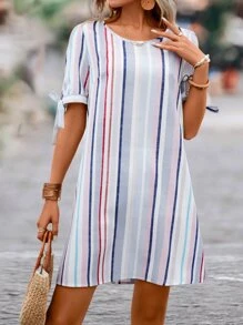 SHEIN VCAY 豎條紋後紐扣打結袖口直筒連衣裙 - 彩色 - 查看 6