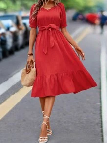 SHEIN VCAY Vestido con cinturón de manga farol bajo con fruncido - Rojo - Ver 1