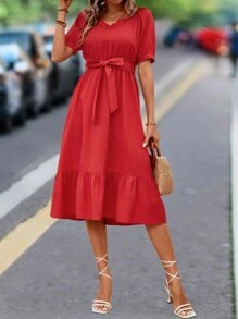 SHEIN VCAY Vestido con cinturón de manga farol bajo con fruncido - Rojo - Ver 4