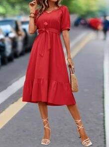 SHEIN VCAY Vestido con cinturón de manga farol bajo con fruncido - Rojo - Ver 5