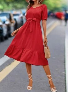 SHEIN VCAY Vestido con cinturón de manga farol bajo con fruncido - Rojo - Ver 6