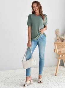 SHEIN LUNE Áo thun nữ Tranh thêu màu trơn Giải trí - Màu xanh Cadet - Xem 4