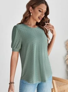 SHEIN LUNE Áo thun nữ Tranh thêu màu trơn Giải trí - Màu xanh Cadet - Xem 5