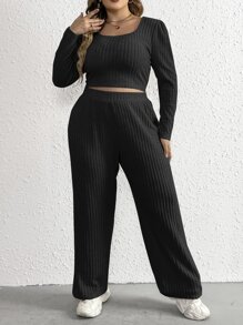 SHEIN Essnce 大碼大圓領短款T恤和褲子 - 黑色 - 查看 1