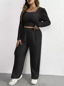 SHEIN Essnce 大碼大圓領短款T恤和褲子 - 黑色 - 查看 4