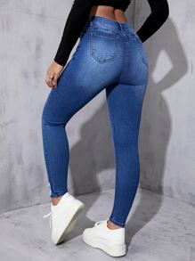 Jeans ajustados con botón desgarro bajo crudo - Azul lavado oscuro - Ver 3