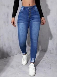 Jeans ajustados con botón desgarro bajo crudo - Azul lavado oscuro - Ver 1