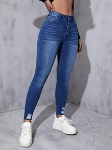 Jeans ajustados con botón desgarro bajo crudo - Azul lavado oscuro - Ver 5