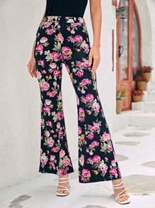 SHEIN LUNE 1pc Solid Tee & 1pc Floral Print Flare Leg Trousers - Multicolor - View 6