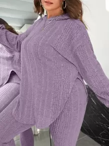 SHEIN Essnce Bộ thời trang Plus Size Gân đan màu trơn Giải trí - Màu tím hoa cà - Xem 4