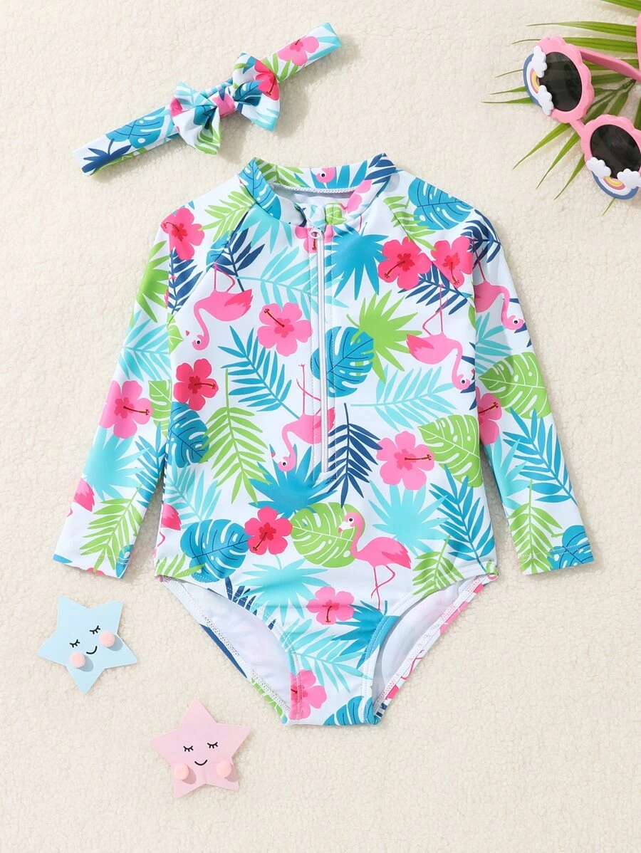 SHEIN 寶寶女孩熱帶印花拉鍊前開式單件泳衣配發帶 - 彩色 - 查看 1