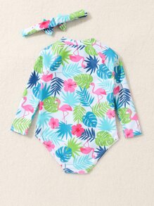 SHEIN 寶寶女孩熱帶印花拉鍊前開式單件泳衣配發帶 - 彩色 - 查看 2