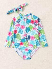 SHEIN 寶寶女孩熱帶印花拉鍊前開式單件泳衣配發帶 - 彩色 - 查看 3