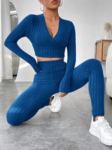 SHEIN EZwear Bộ đồ hai mảnh nữ màu trơn Giải trí - Xanh đậm - Xem 4