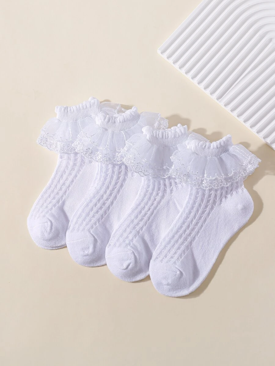 Niñitas 4 pares Calcetines de tripulación ribete con fruncido - Blanco - Ver 1
