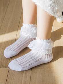 Niñitas 4 pares Calcetines de tripulación ribete con fruncido - Blanco - Ver 2