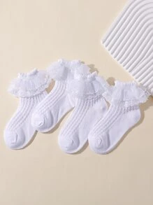 Niñitas 4 pares Calcetines de tripulación ribete con fruncido - Blanco - Ver 4