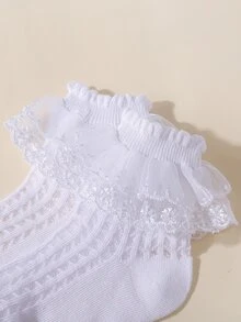 Niñitas 4 pares Calcetines de tripulación ribete con fruncido - Blanco - Ver 5