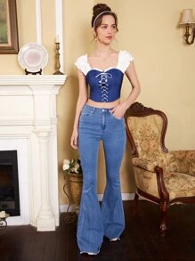 SHEIN MOD Eyelet Lace Up Front Frill Trim Crop Top - Blue and White - View 3