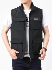 Manfinity 男士字母貼布翻蓋口袋夾克背心 - 黑色 - 查看 5