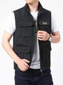 Manfinity 男士字母貼布翻蓋口袋夾克背心 - 黑色 - 查看 3