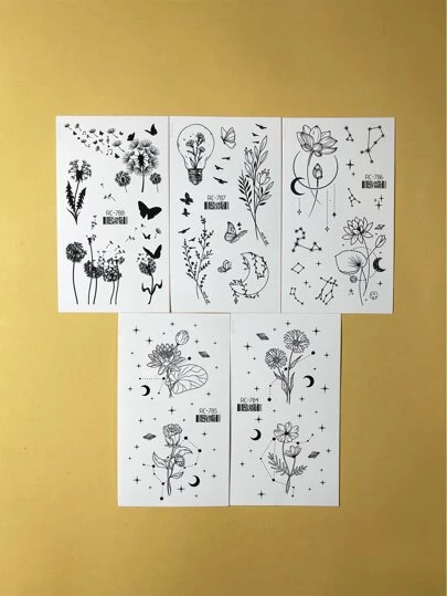 紋身貼紙套件，5 張女士花朵和蝴蝶紋身，成人紋身貼紙，逼真紋身花朵，蝴蝶，適合女士和女孩