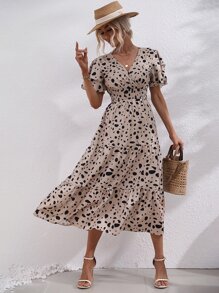 SHEIN LUNE 滿版印花蛋糕袖打攬洋裝 - 卡其色 - 查看 3