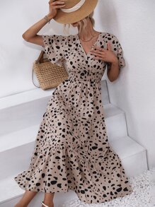 SHEIN LUNE 滿版印花蛋糕袖打攬洋裝 - 卡其色 - 查看 4