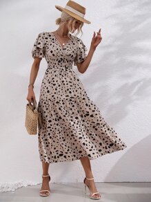 SHEIN LUNE 滿版印花蛋糕袖打攬洋裝 - 卡其色 - 查看 5