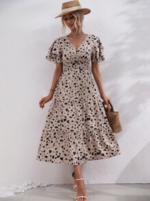 SHEIN LUNE 滿版印花蛋糕袖打攬洋裝 - 卡其色 - 查看 6