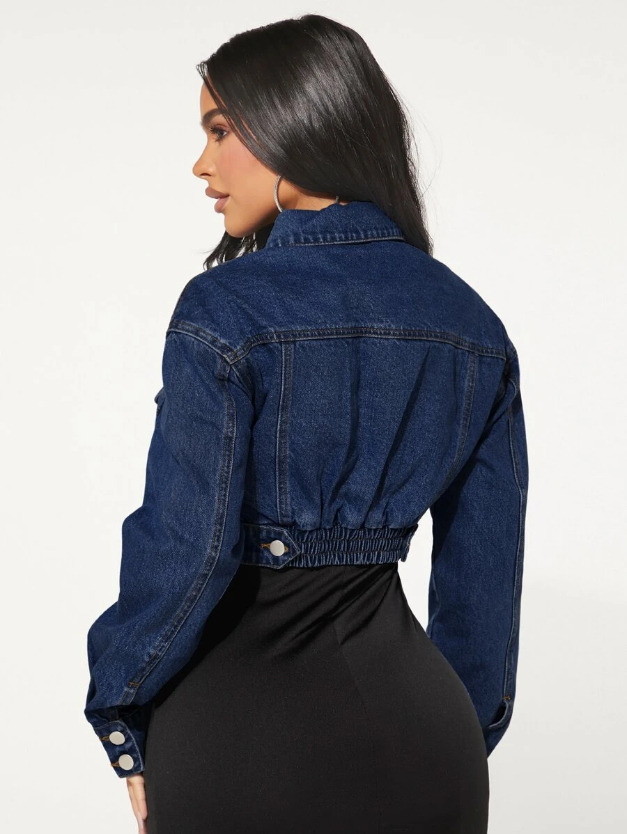 SHEIN SXY Flap Detail Drop Shoulder Denim Jacket - Dark Wash - View 1