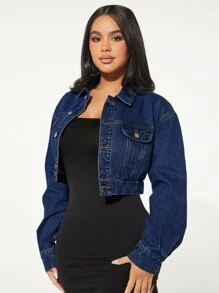 SHEIN SXY Flap Detail Drop Shoulder Denim Jacket - Dark Wash - View 2