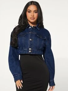SHEIN SXY Flap Detail Drop Shoulder Denim Jacket - Dark Wash - View 6