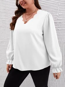 SHEIN Frenchy Plus Scallop Trim Flounce Sleeve Blouse - White - View 3