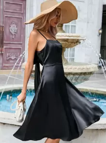 SHEIN Belle Solid Tie Backless Cami Dress - Black - View 6