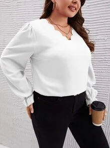 SHEIN Frenchy Plus Scallop Trim Flounce Sleeve Blouse - White - View 4