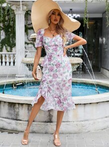 SHEIN VCAY Vestido con estampado floral bajo con fruncido - Blanco - Ver 5