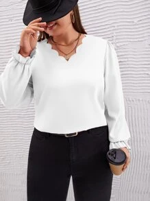 SHEIN Frenchy Plus Scallop Trim Flounce Sleeve Blouse - White - View 5