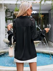 SHEIN LUNE Camisa jacquard con botón delantero - Negro - Ver 2