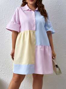 SHEIN EZwear Plus Colorblock Flounce Sleeve Ruffle Hem Smock Dress Pastel Dress