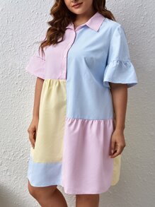 SHEIN EZwear Plus Colorblock Flounce Sleeve Ruffle Hem Smock Dress Pastel Dress