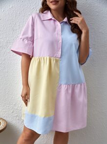 SHEIN EZwear Plus Colorblock Flounce Sleeve Ruffle Hem Smock Dress Pastel Dress