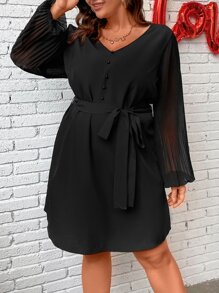 SHEIN Clasi Plus Contrast Mesh Lantern Sleeve Belted Dress - Black - View 4
