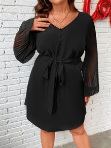 SHEIN Clasi Plus Contrast Mesh Lantern Sleeve Belted Dress - Black - View 5