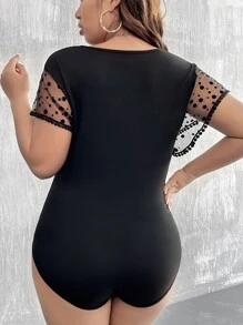 Calvaya Plus Contrast Dobby Mesh Butterfly Sleeve Notched Neckline Bodysuit - Black - View 2