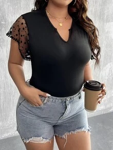 Calvaya Plus Contrast Dobby Mesh Butterfly Sleeve Notched Neckline Bodysuit - Black - View 4