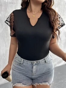 Calvaya Plus Contrast Dobby Mesh Butterfly Sleeve Notched Neckline Bodysuit - Black - View 5