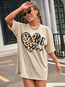 SHEIN EZwear 豹紋和字母圖案落肩T恤 - 杏色 - 查看 1