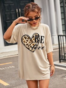 SHEIN EZwear 豹紋和字母圖案落肩T恤 - 杏色 - 查看 3